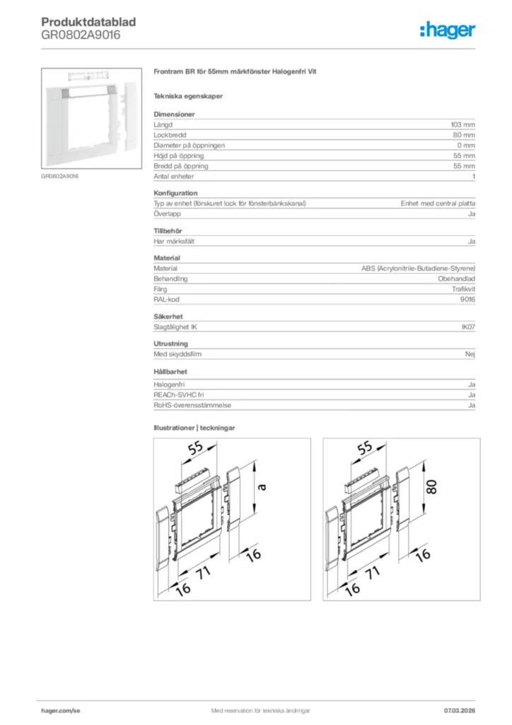 Bild Hager Produktdatablad GR0802A9016 | Hager Sverige