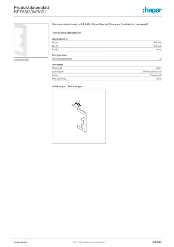 Bild Hager Produktdatenblatt BRS65130W9001 | Hager Deutschland