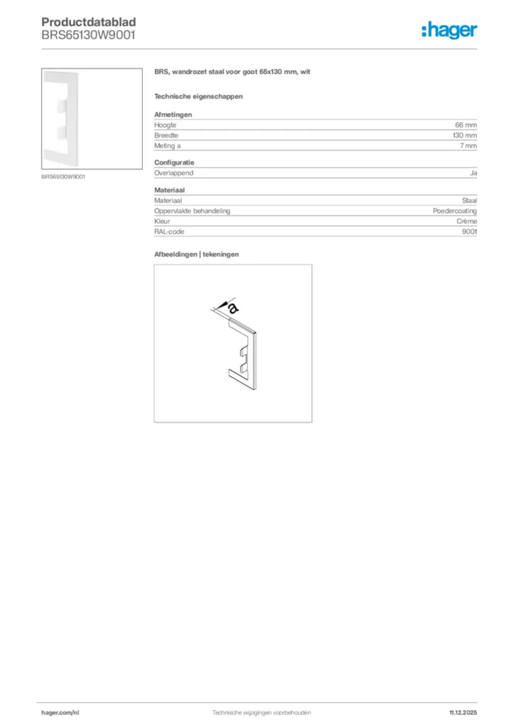 Afbeelding Hager Productdatablad BRS65130W9001 | Hager Nederland