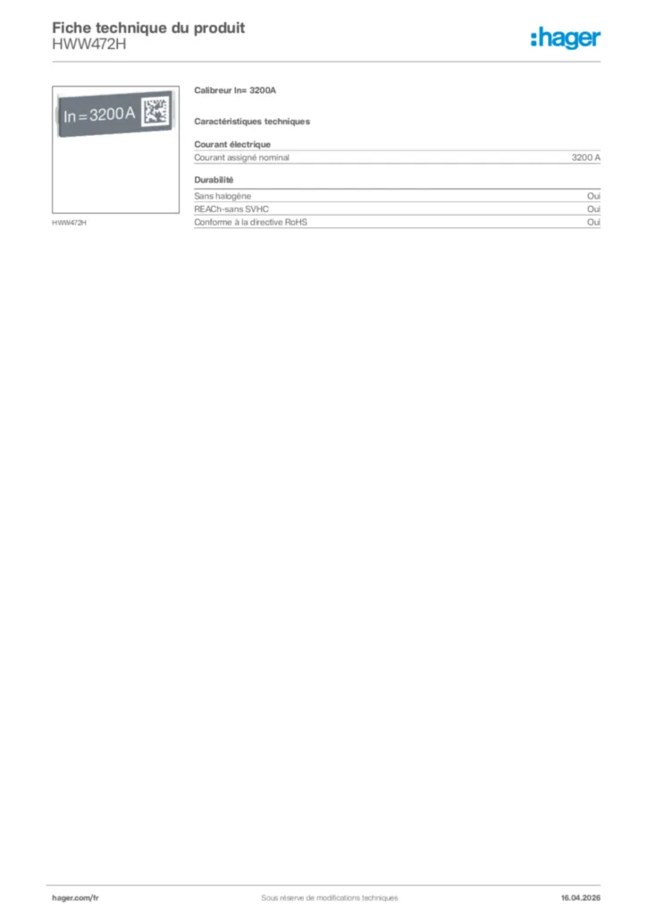 Image Hager Fiche technique du produit HWW472H | Hager France