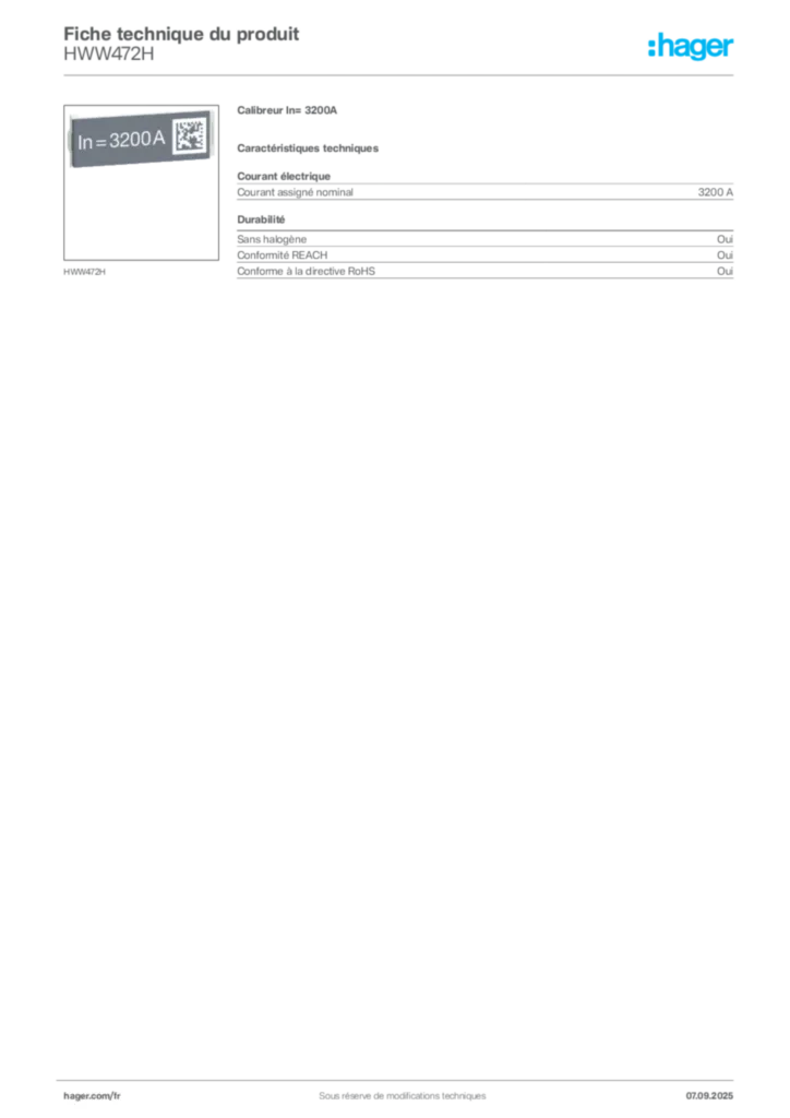 Image Hager Fiche technique du produit HWW472H | Hager France