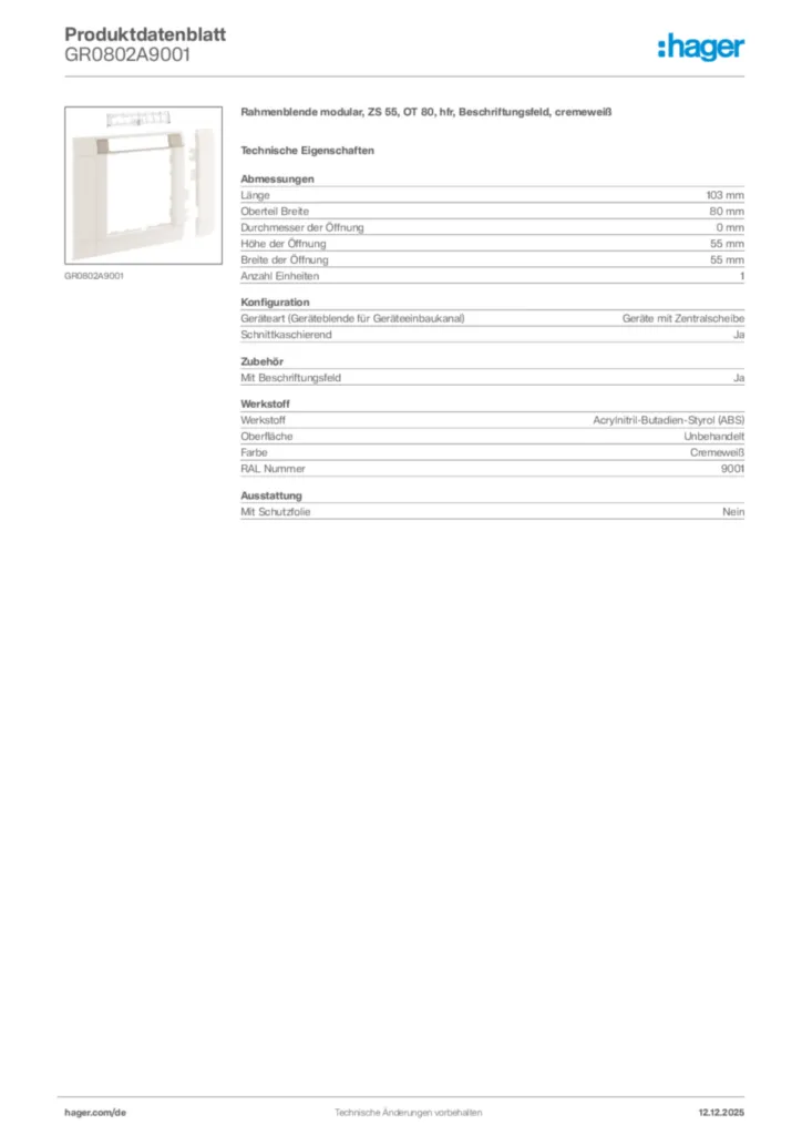 Bild Hager Produktdatenblatt GR0802A9001 | Hager Deutschland