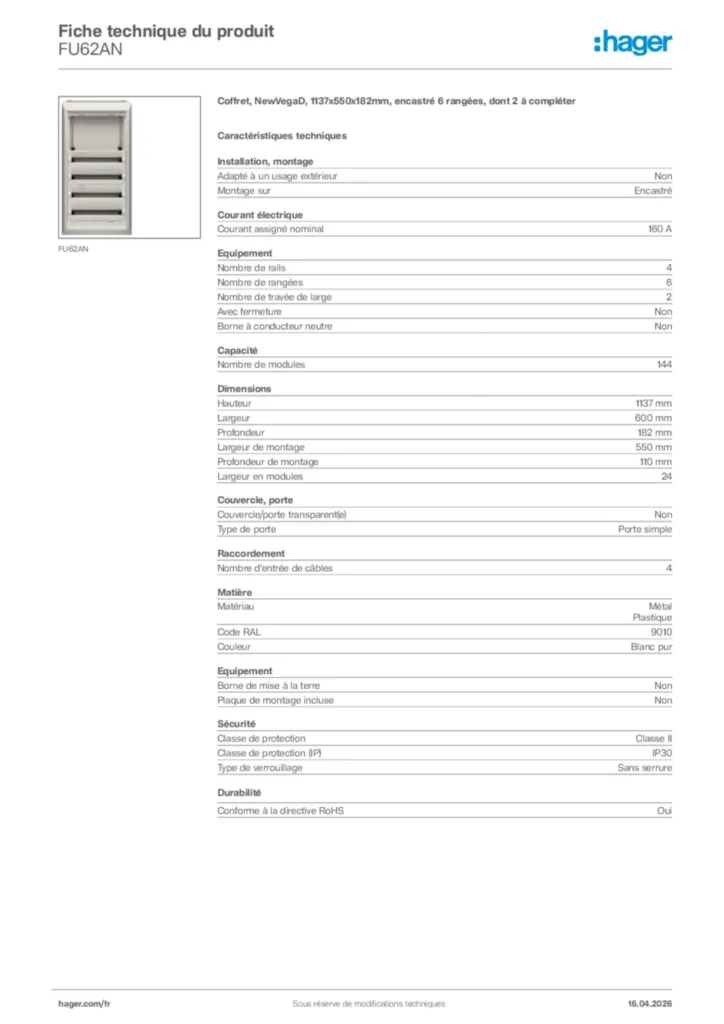 Image Hager Fiche technique du produit FU62AN | Hager France