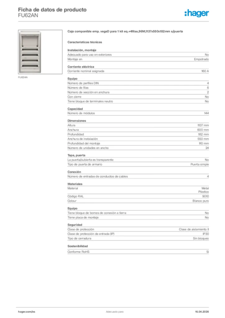 Imagen Hager Ficha de datos de producto FU62AN | Hager España