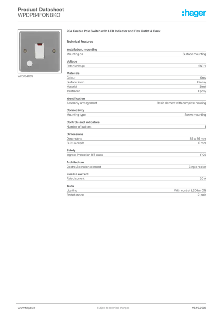 Image Hager Product data sheet WPDP84FONBKO  | Hager
