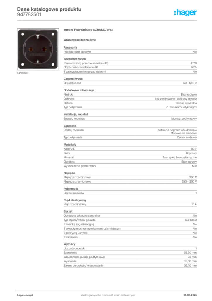 Zdjęcie Hager Karta katalogowa 947782501 | Hager Polska