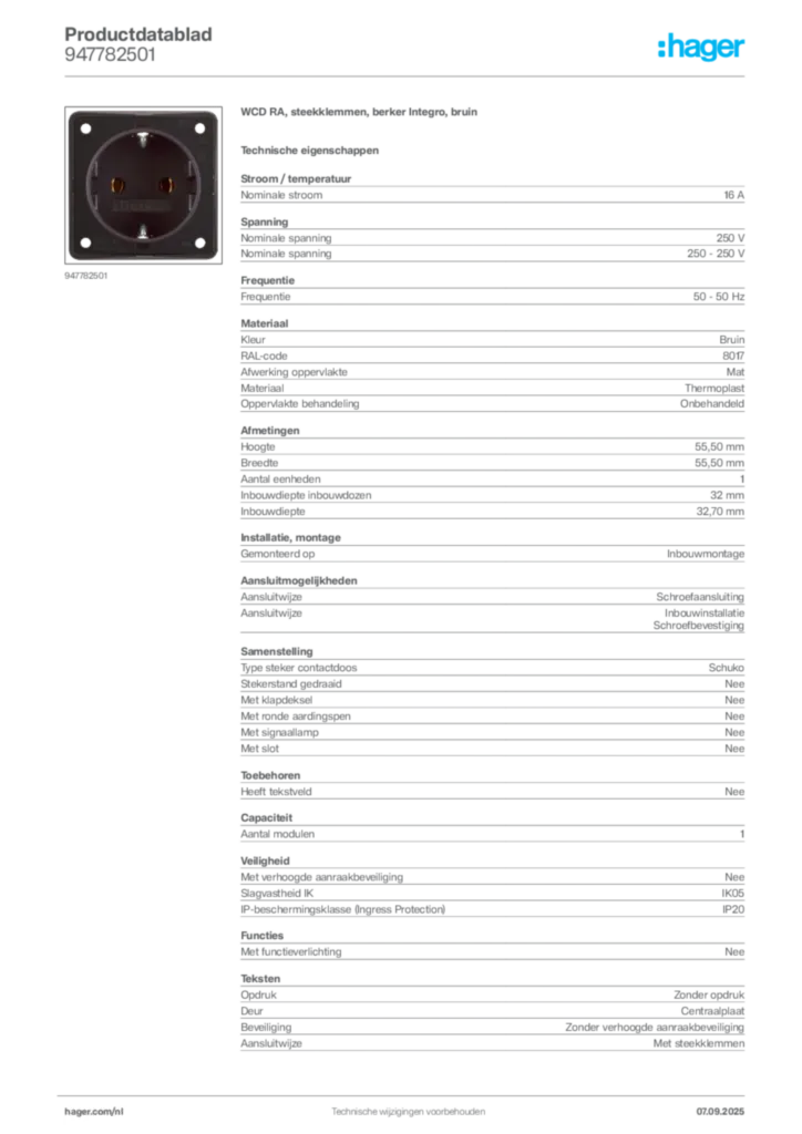Afbeelding Hager Productdatablad 947782501 | Hager Nederland