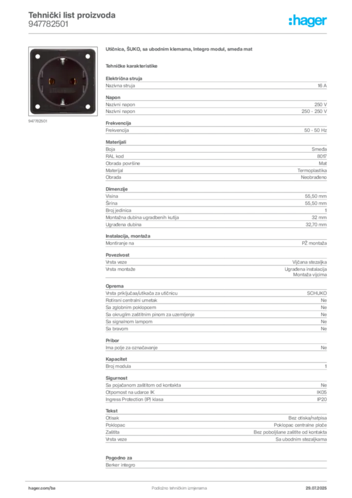 Slika Hager Product data sheet 947782501  | Hager