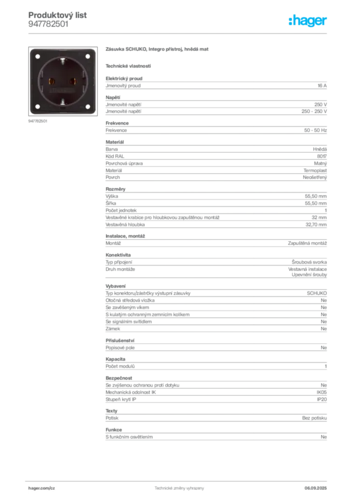 Obrázek Hager Produktový list 947782501 | Hager