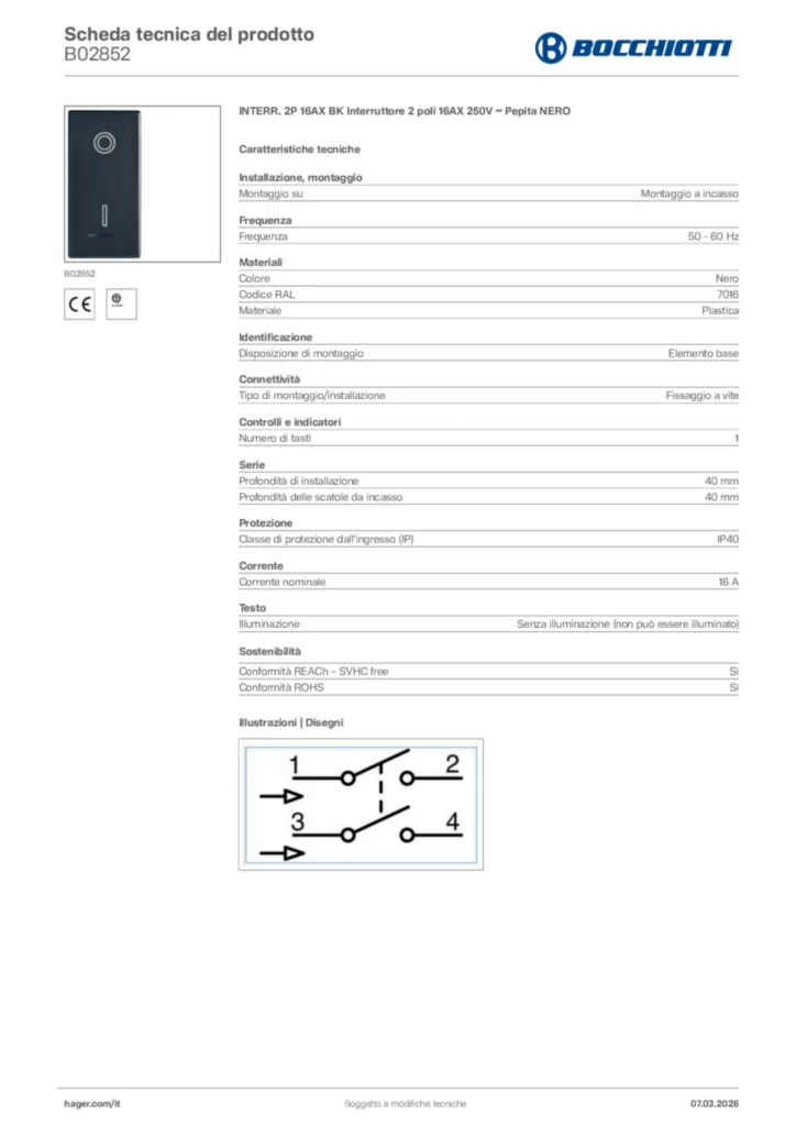 Immagine Bocchiotti Scheda tecnica del prodotto B02852 | Hager Italia