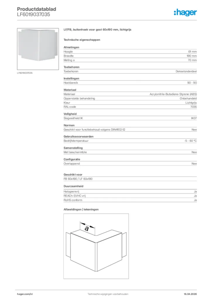 Afbeelding Hager Productdatablad LF6019037035 | Hager Nederland