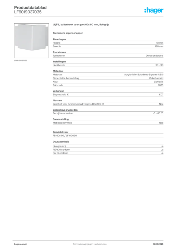 Afbeelding Hager Productdatablad LF6019037035 | Hager Nederland