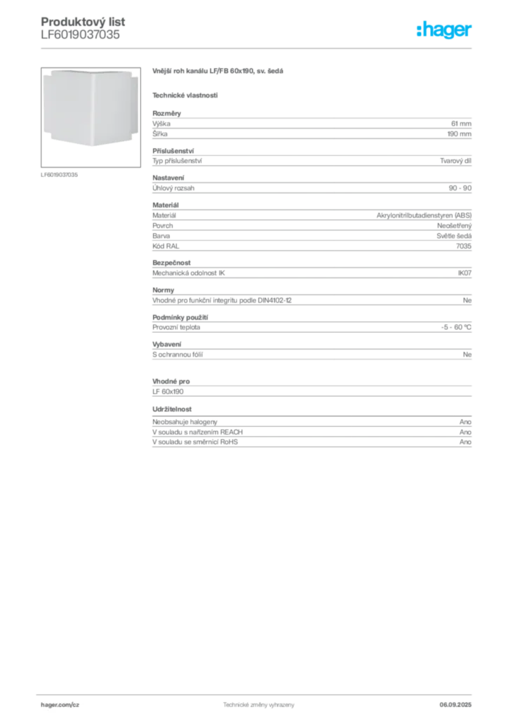 Obrázek Hager Produktový list LF6019037035 | Hager