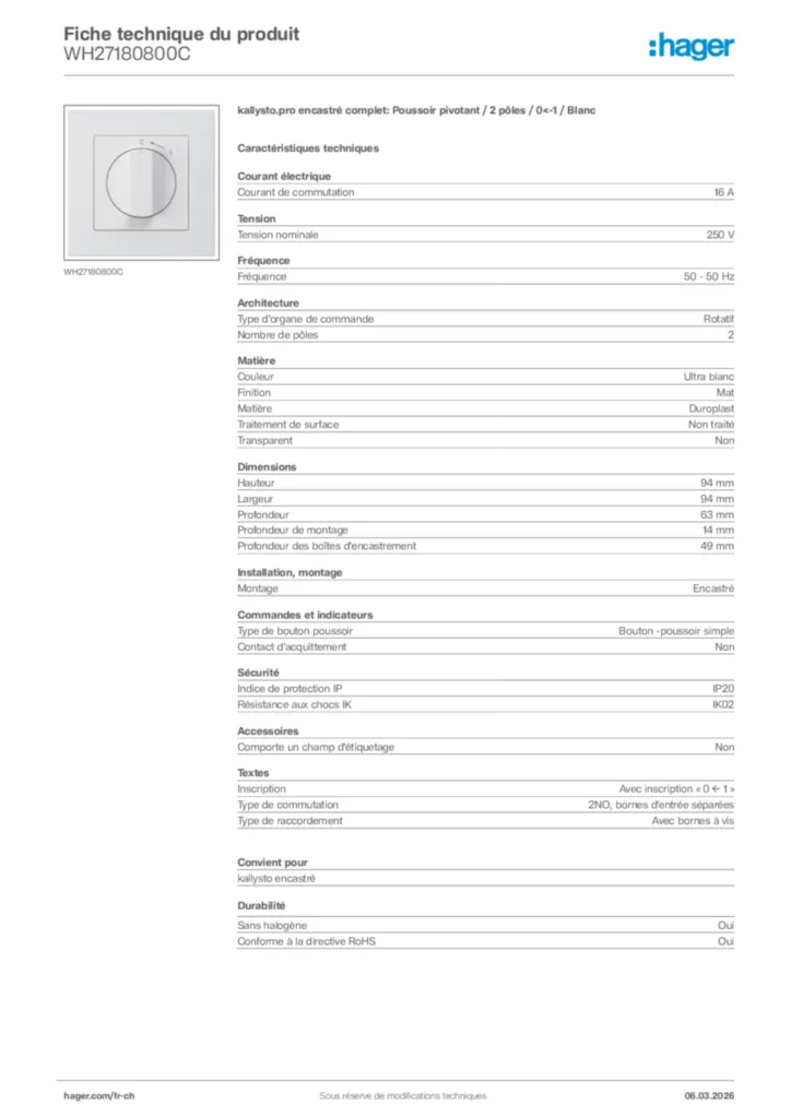 Image Hager Fiche technique du produit WH27180800C | Hager Suisse