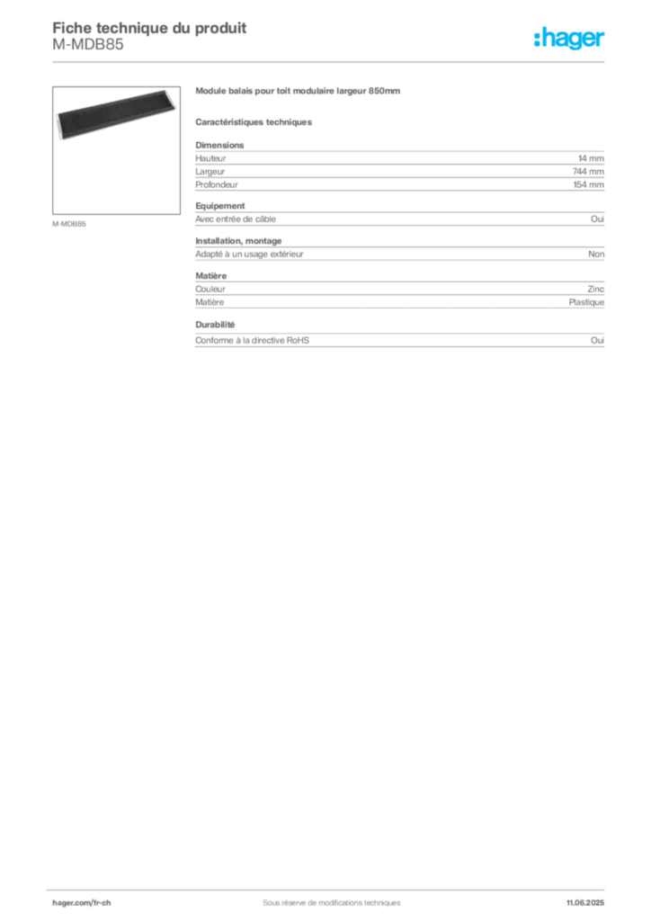 Image Hager Fiche technique du produit M-MDB85 | Hager Suisse