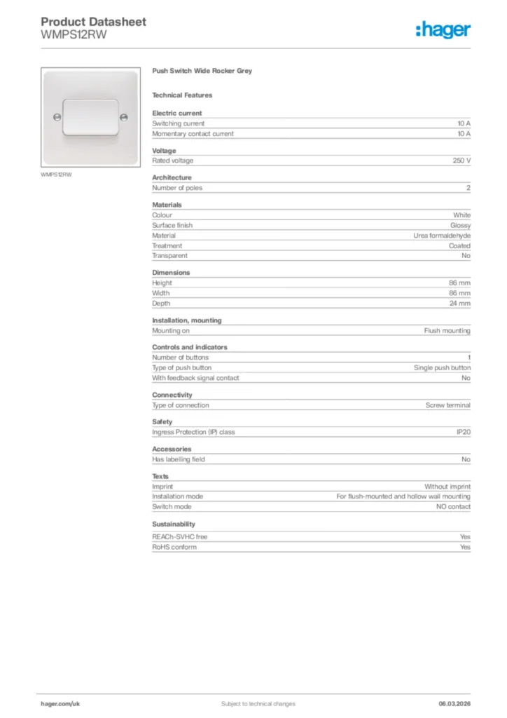 Image Hager Product data sheet WMPS12RW  | Hager