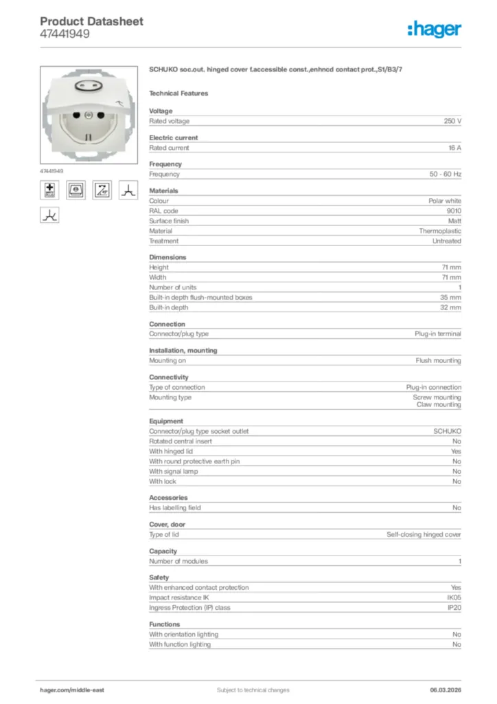 Image Hager Product data sheet 47441949  | Hager