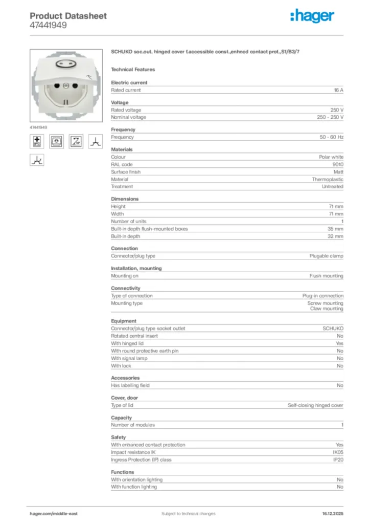 Image Hager Product data sheet 47441949  | Hager