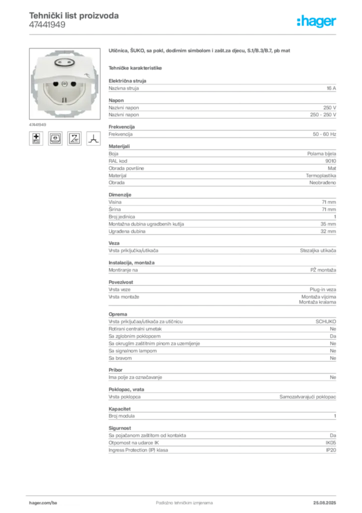 Slika Hager Product data sheet 47441949  | Hager
