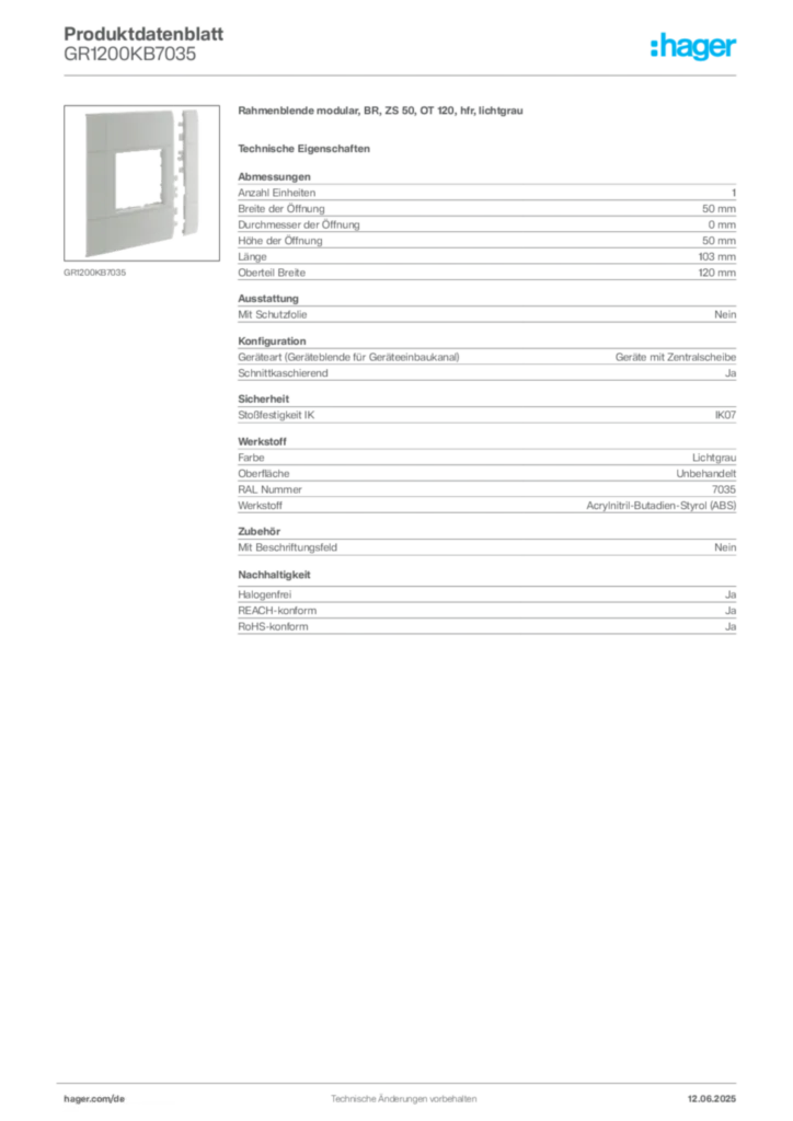Bild Hager Produktdatenblatt GR1200KB7035 | Hager Deutschland