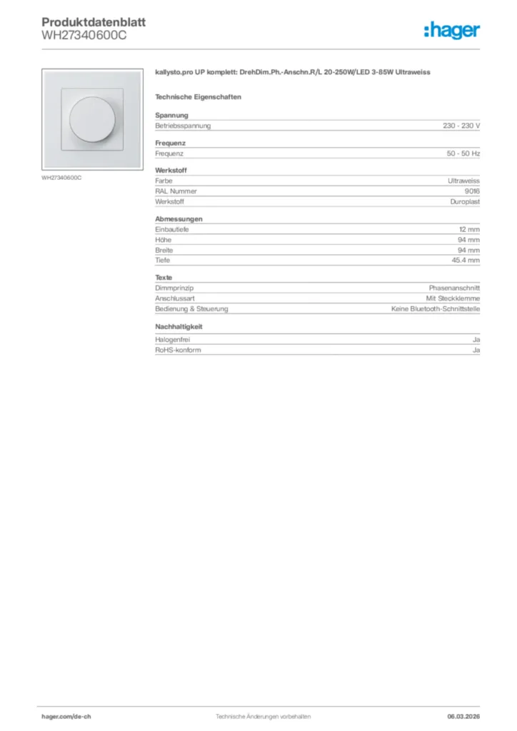 Bild Hager Produktdatenblatt WH27340600C | Hager Schweiz