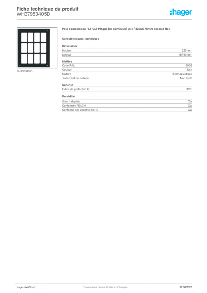 Image Hager Fiche technique du produit WH37953405D | Hager Suisse