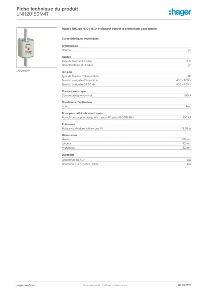Image Hager Fiche technique du produit LNH20180M4T | Hager Suisse