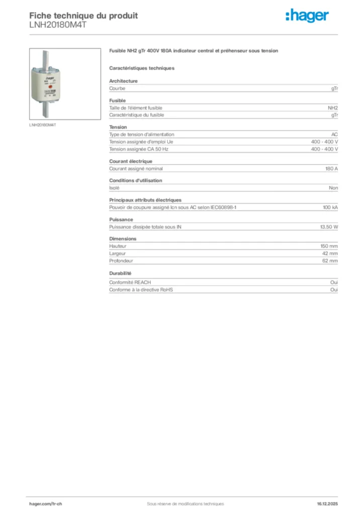 Image Hager Fiche technique du produit LNH20180M4T | Hager Suisse