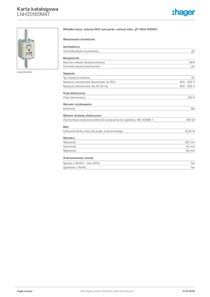 Zdjęcie Hager Karta katalogowa LNH20180M4T | Hager Polska
