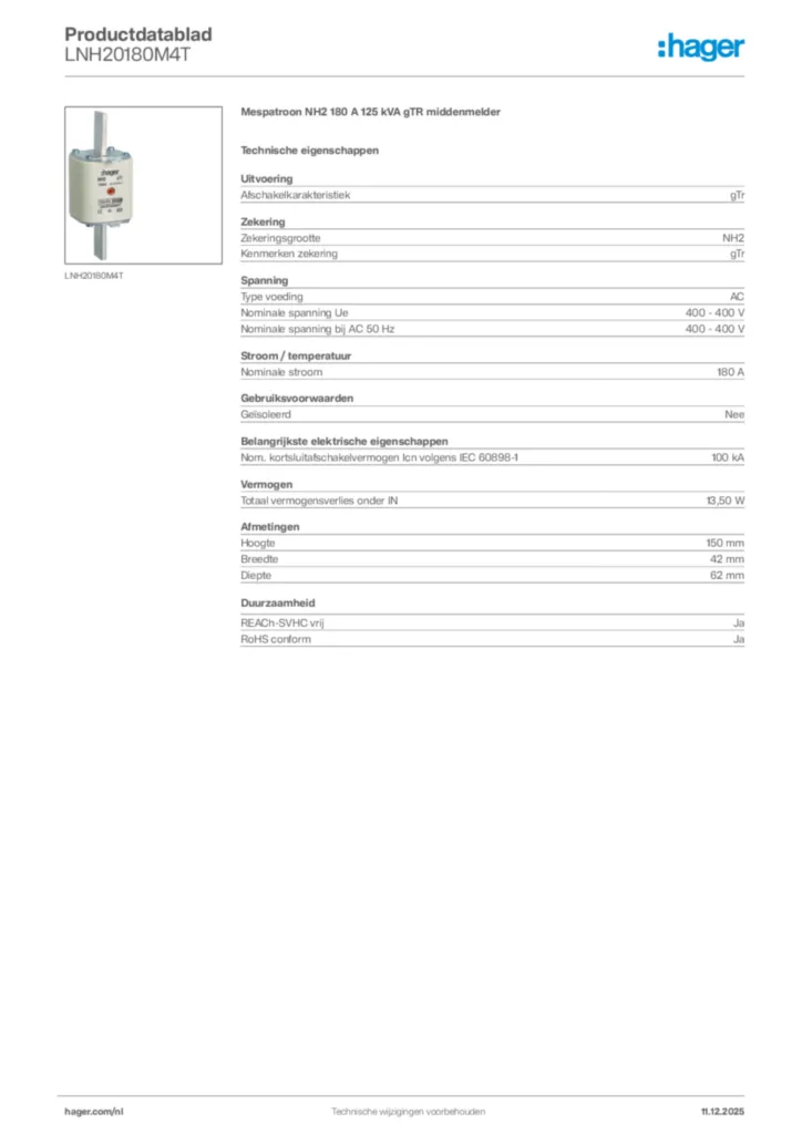 Afbeelding Hager Productdatablad LNH20180M4T | Hager Nederland