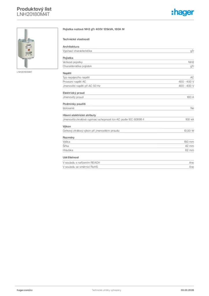 Obrázek Hager Product data sheet LNH20180M4T | Hager