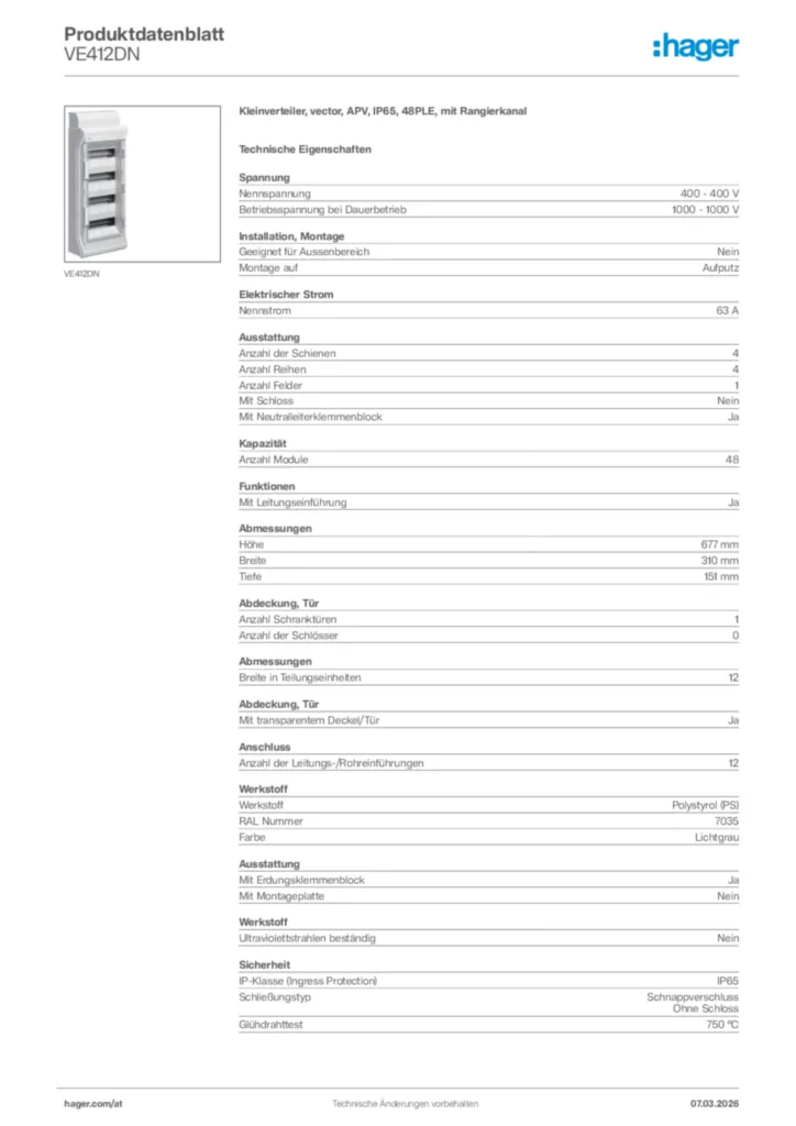 Bild Hager Produktdatenblatt VE412DN | Hager Deutschland