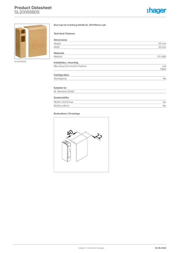 Image Hager Product data sheet SL200556D5  | Hager Africa