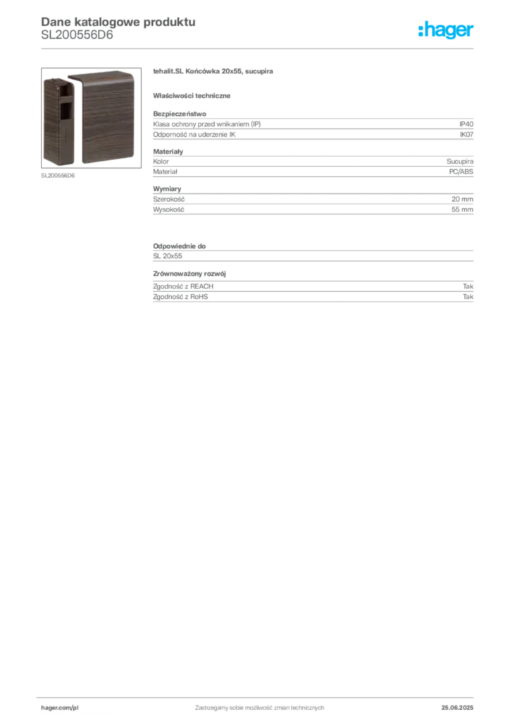 Zdjęcie Hager Karta katalogowa SL200556D6 | Hager Polska