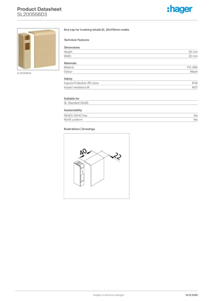 Image Hager Product data sheet SL200556D3  | Hager Africa