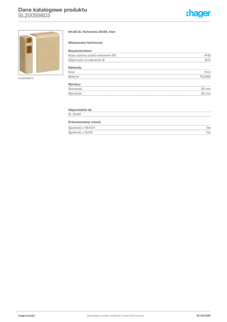 Zdjęcie Hager Karta katalogowa SL200556D3 | Hager Polska