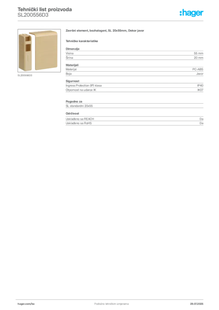 Slika Hager Product data sheet SL200556D3  | Hager