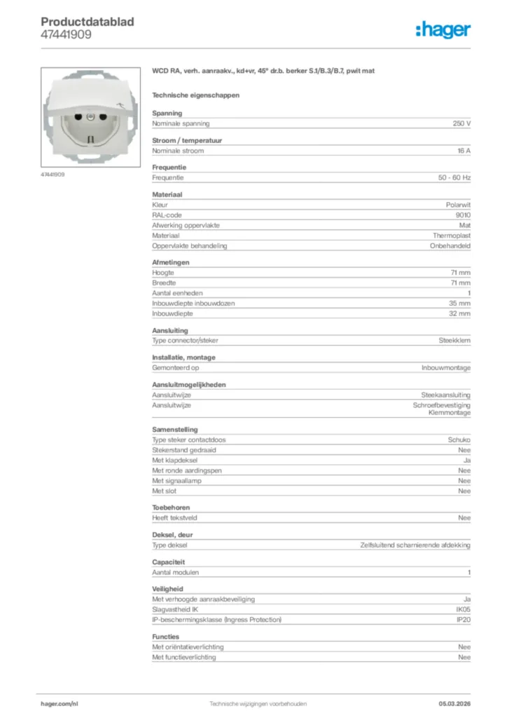 Afbeelding Hager Productdatablad 47441909 | Hager Nederland