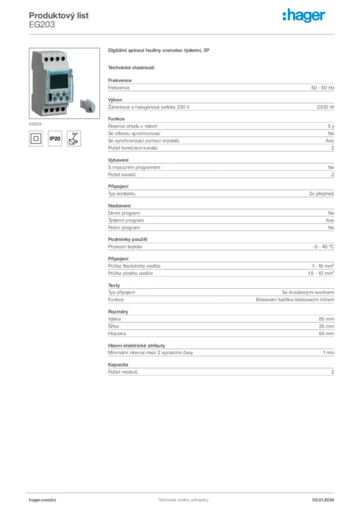 Obrázek Hager Product data sheet EG203 | Hager