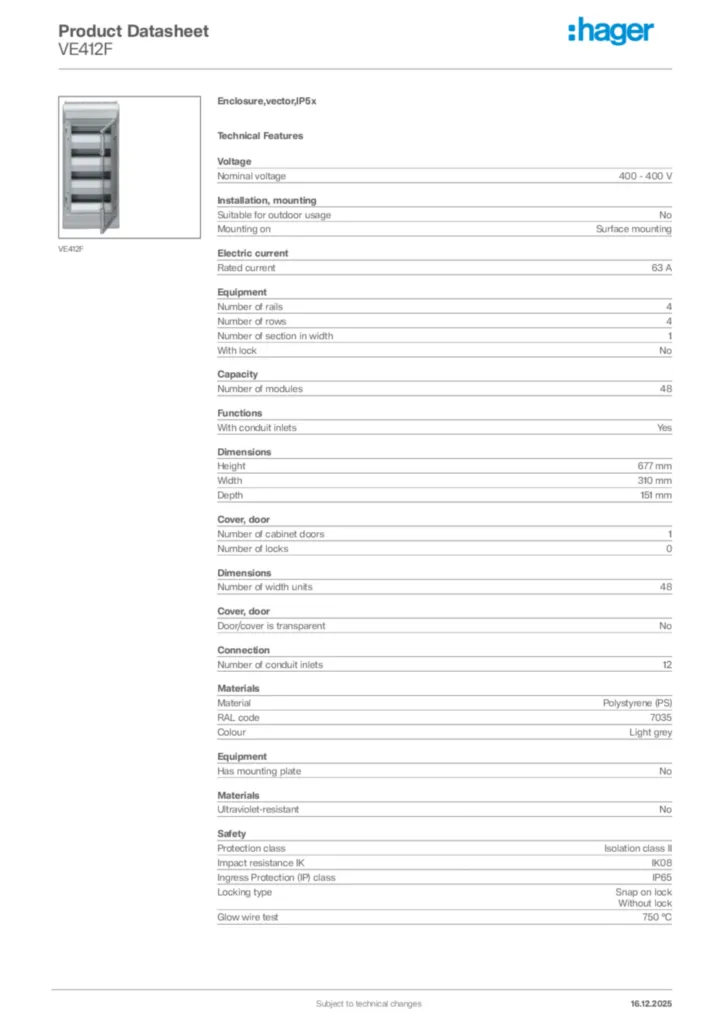 Image Hager Product data sheet VE412F  | Hager Africa