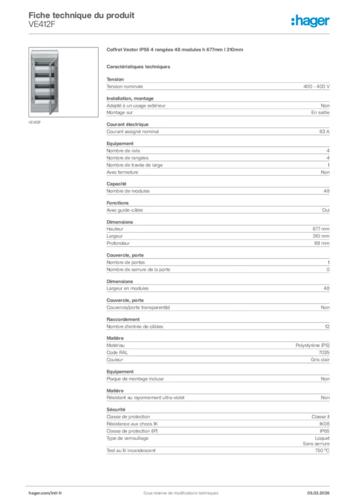 Image Hager Fiche technique du produit VE412F | Hager Afrique