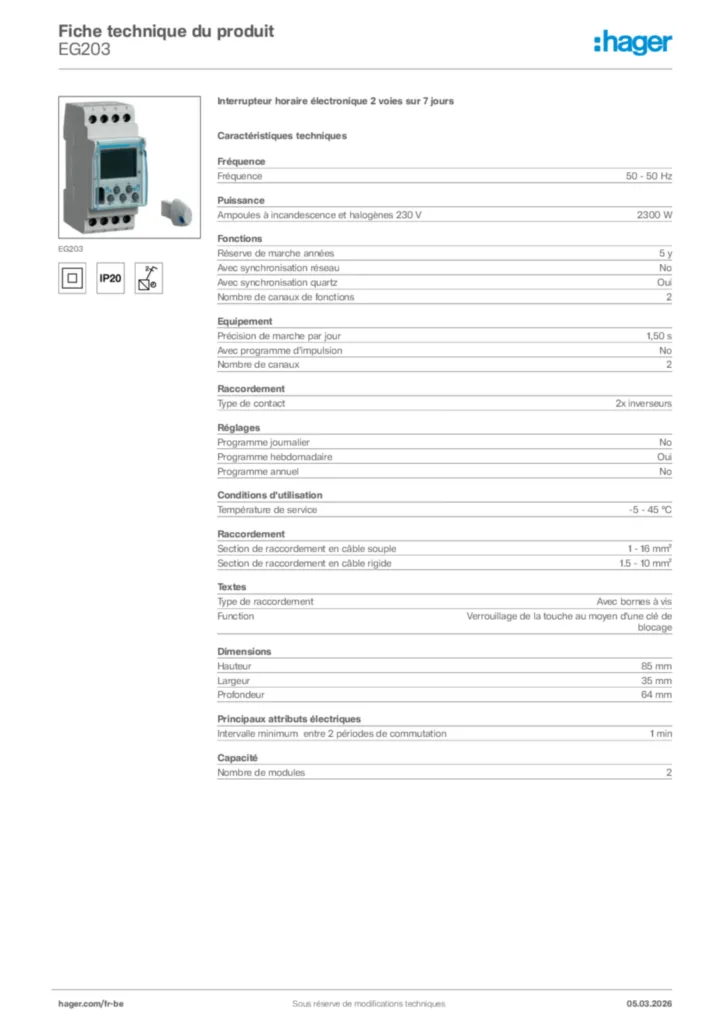 Image Hager Fiche technique du produit EG203 | Hager Belgique