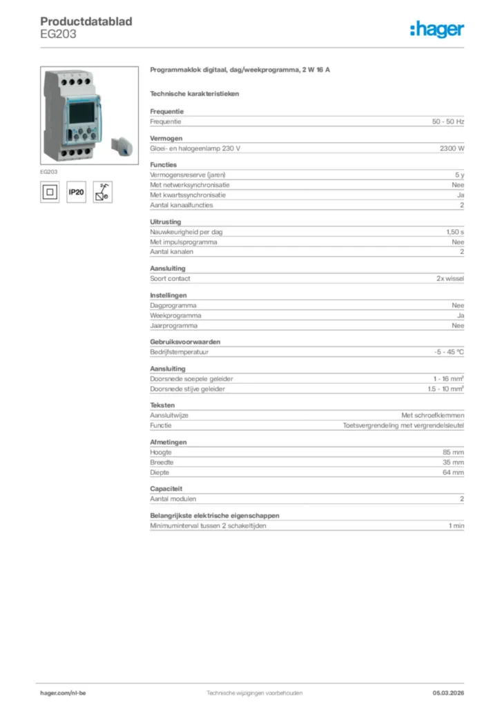 Afbeelding Hager Productdatablad EG203 | Hager Belgium