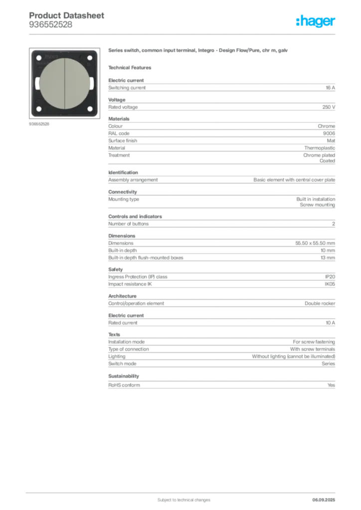 Image Hager Product data sheet 936552528  | Hager