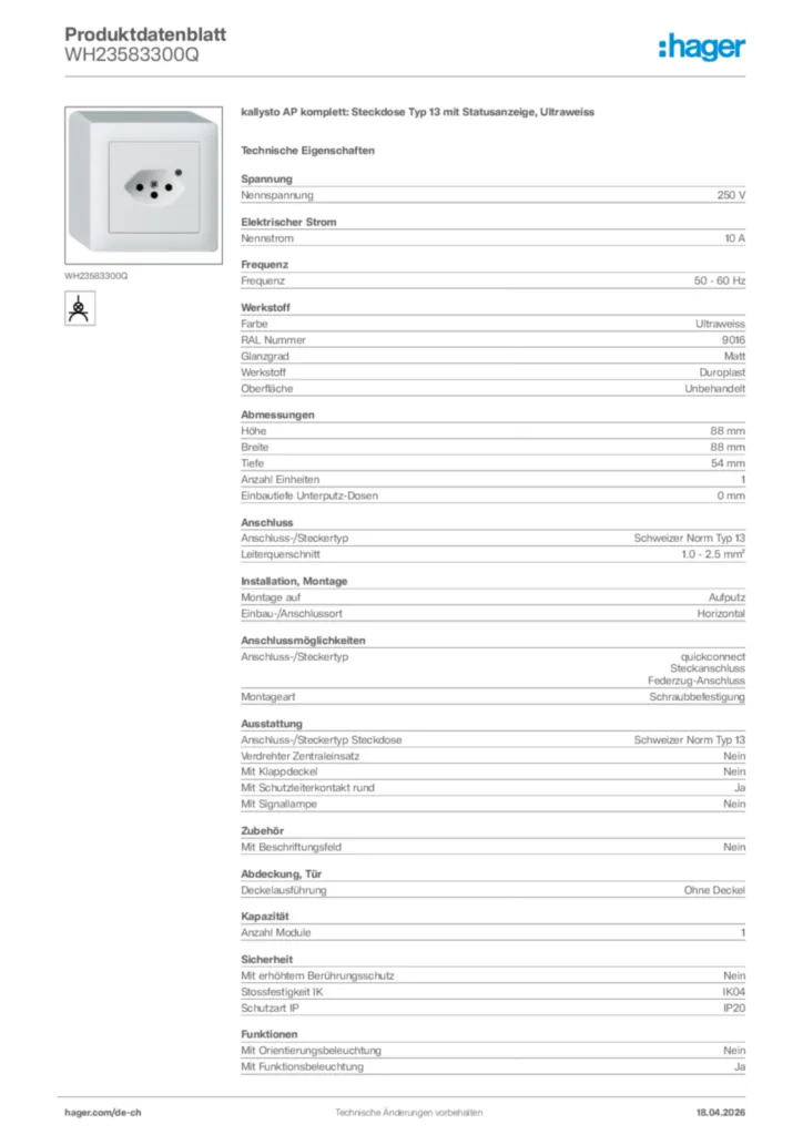 Bild Hager Produktdatenblatt WH23583300Q | Hager Schweiz