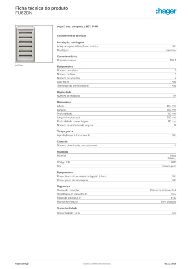 Imagem Hager Ficha técnica do produto FU62DN | Hager Portugal