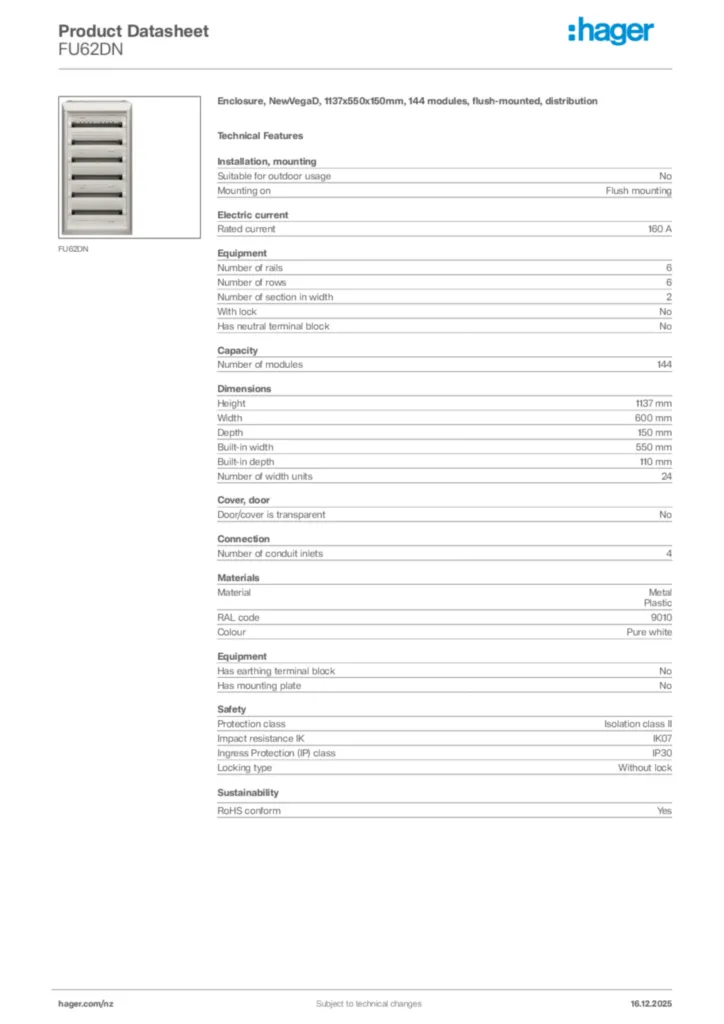 Image Hager Product data sheet FU62DN  | Hager New Zealand