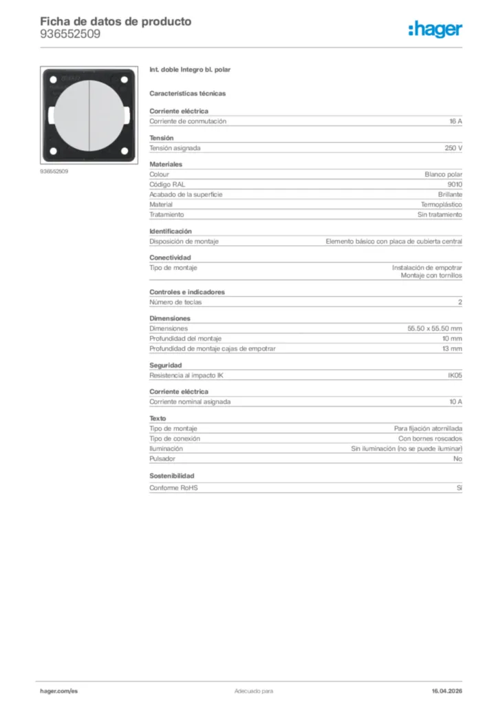 Imagen Hager Ficha de datos de producto 936552509 | Hager España