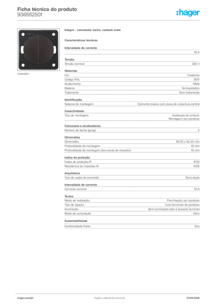 Imagem Hager Ficha técnica do produto 936552501 | Hager Portugal