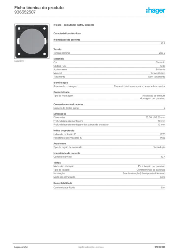 Imagem Hager Ficha técnica do produto 936552507 | Hager Portugal